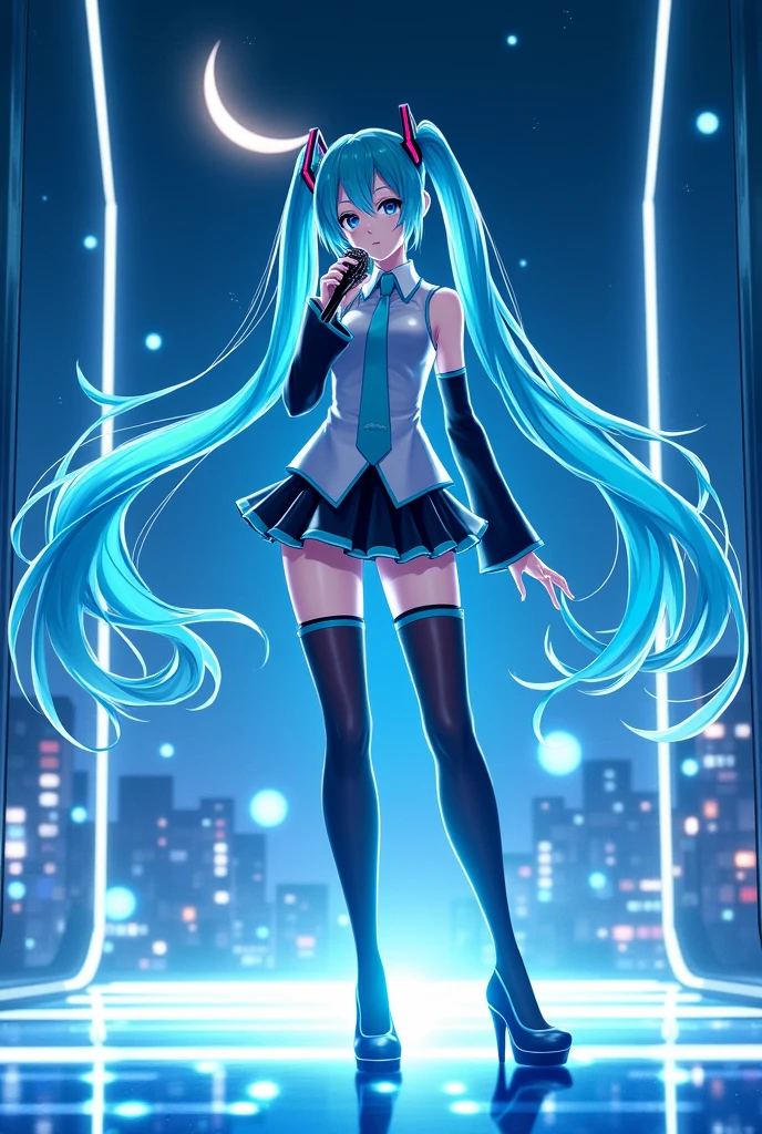 (Hatsune Miku,Light blue hair,Twin tails,No sleeve,tie,mini skirt,socks,Black hoodie),((Blue is the predominant color,Angle from below,Stars in the night sky,Crescent Moon)),(Shining futuristic city at night,Night view,Cyber World),(Dynamic pose,Cool pose,Standing on a glass stage,Cool look,singing,Holding a microphone)