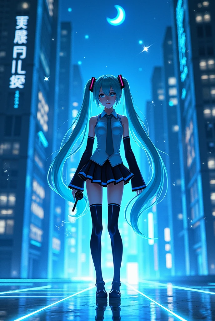 (Hatsune Miku,Light blue hair,Twin tails,No sleeve,tie,mini skirt,socks,Black hoodie),((Blue is the predominant color,Angle from below,Stars in the night sky,Crescent Moon)),(Shining futuristic city at night,Night view,Cyber World),(Dynamic pose,Cool pose,Standing on a glass stage,Cool look,singing,Holding a microphone)