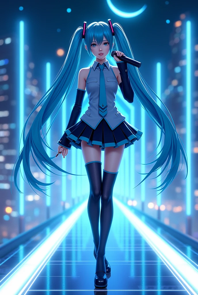 (Hatsune Miku,Light blue hair,Twin tails,No sleeve,tie,mini skirt,socks,Black hoodie),((Blue is the predominant color,Angle from below,Stars in the night sky,Crescent Moon)),(Shining futuristic city at night,Night view,Cyber World),(Dynamic pose,Cool pose,Standing on a glass stage,Cool look,singing,Holding a microphone)