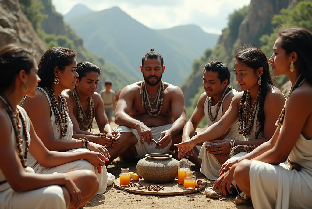 Tarahumara indigenous tribe of Mexico, men and women drinking pulque, little white clothing