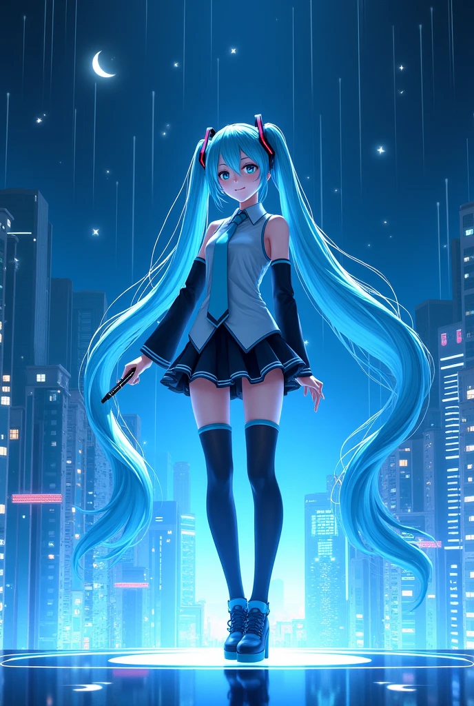 (Hatsune Miku,Light blue hair,Twin tails,No sleeve,tie,mini skirt,socks,Black hoodie),((Blue is the predominant color,Angle from below,Stars in the night sky,Crescent Moon)),(Shining futuristic city at night,Night view,Cyber World),(Dynamic pose,Cool pose,Standing on a glass stage,Cool look,singing,Holding a microphone)