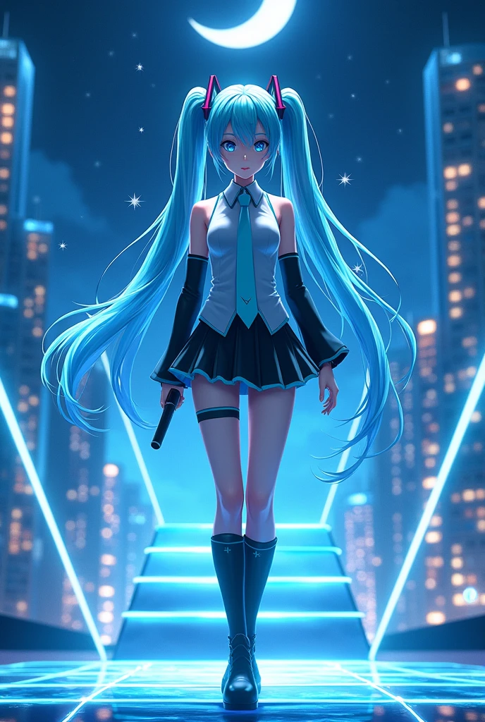 (Hatsune Miku,Light blue hair,Twin tails,No sleeve,tie,mini skirt,socks,Black hoodie),((Blue is the predominant color,Angle from below,Stars in the night sky,Crescent Moon)),(Shining futuristic city at night,Night view,Cyber World),(Dynamic pose,Cool pose,Standing on a glass stage,Cool look,singing,Holding a microphone)