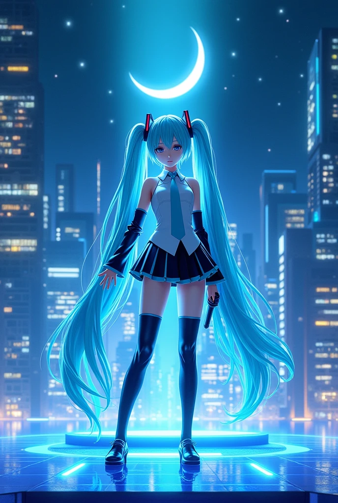 (Hatsune Miku,Light blue hair,Twin tails,No sleeve,tie,mini skirt,socks,Black hoodie),((Blue is the predominant color,Angle from below,Stars in the night sky,Crescent Moon)),(Shining futuristic city at night,Night view,Cyber World),(Dynamic pose,Cool pose,Standing on a glass stage,Cool look,singing,Holding a microphone)