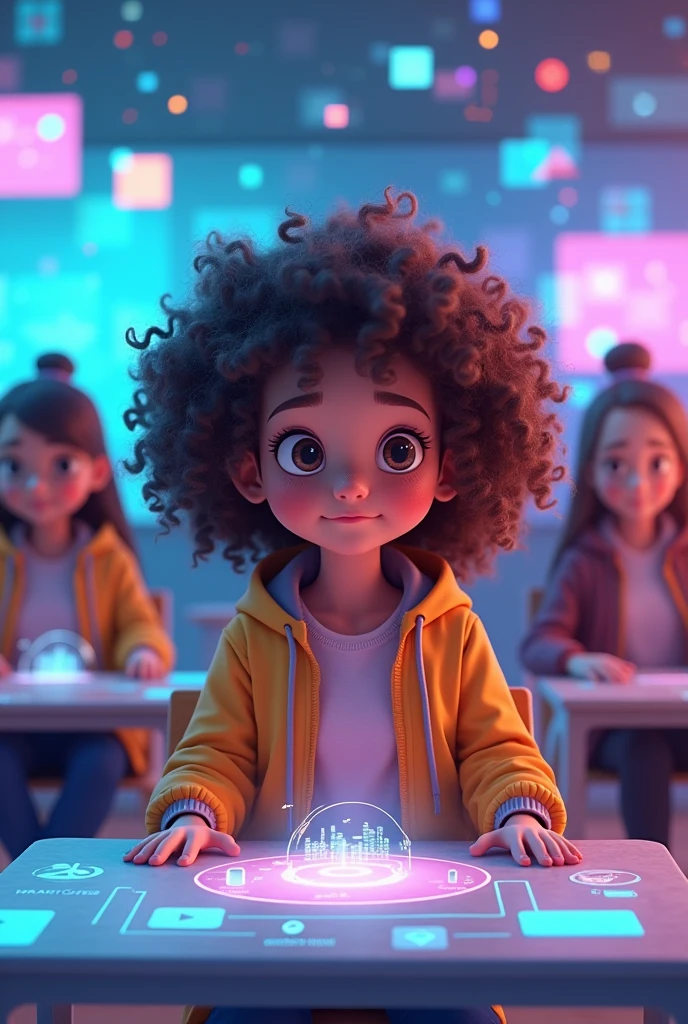Brunette curly girl in virtual animated class