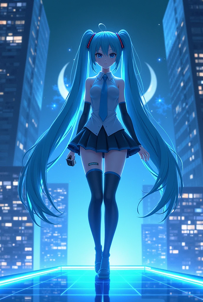 (Hatsune Miku,Light blue hair,Twin tails,No sleeve,tie,mini skirt,socks,Black hoodie),((Blue is the predominant color,Angle from below,Stars in the night sky,Crescent Moon)),(Shining futuristic city at night,Night view,Cyber World),(Dynamic pose,Cool pose,Standing on a glass stage,Cool look,singing,Holding a microphone)