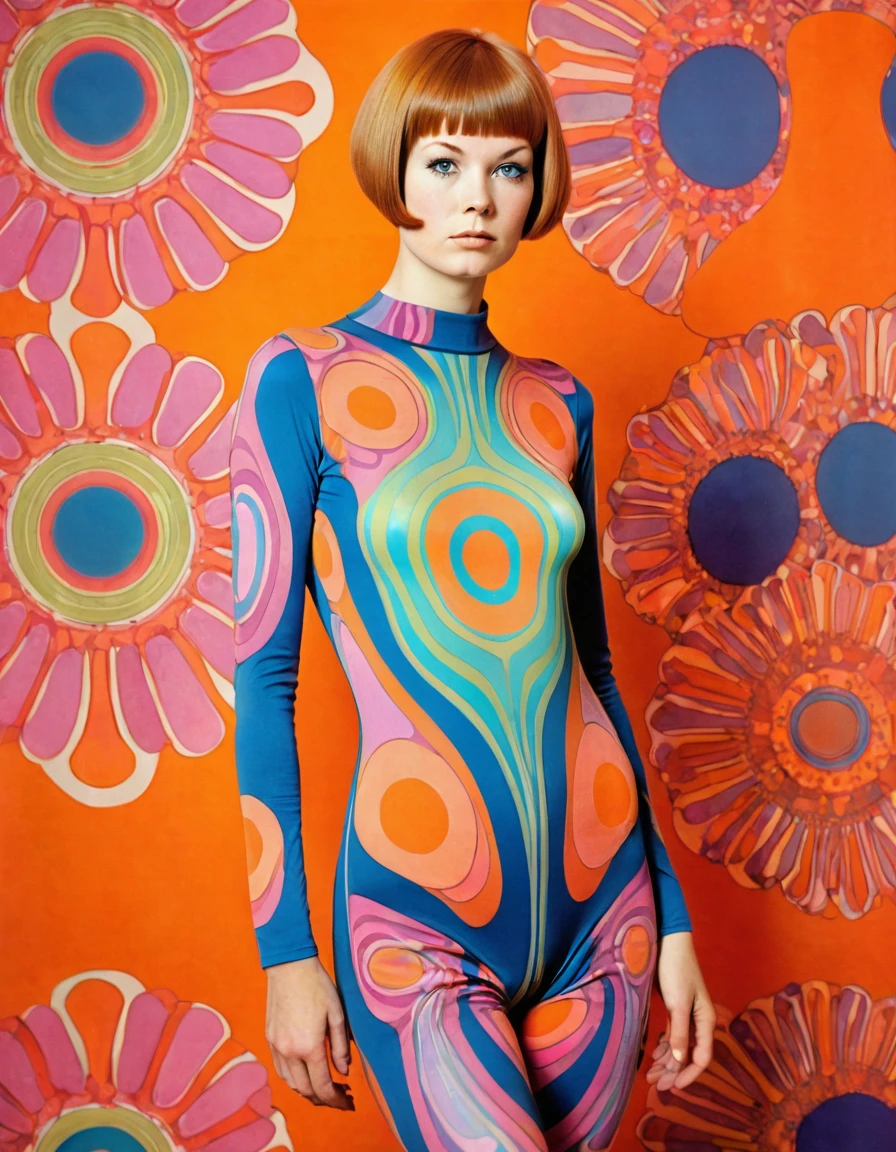 jugendstil 1960's psychedelic epic full body bodysuit shorthair portrait by John Pitre and Marimekko
