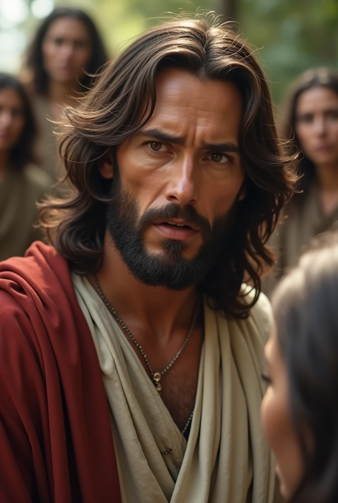 Close-up of Jesus speaking directly to the viewer with an expression of compassion and assurance, in a hyper-realistic style, with soft natural light highlighting His features, surrounded by attentive listeners, detailed texture of traditional garments and serene background, medium shot, photo realism, cinematography