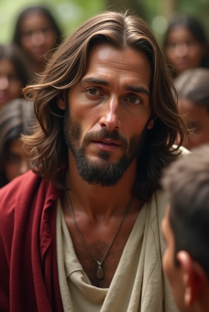 Close-up of Jesus speaking directly to the viewer with an expression of compassion and assurance, in a hyper-realistic style, with soft natural light highlighting His features, surrounded by attentive listeners, detailed texture of traditional garments and serene background, medium shot, photo realism, cinematography