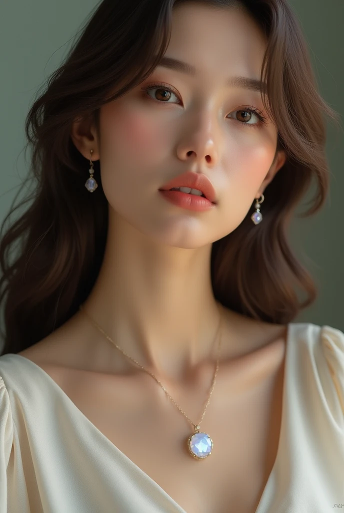Realistic woman wearing a small and delicate natural moonstone pendant