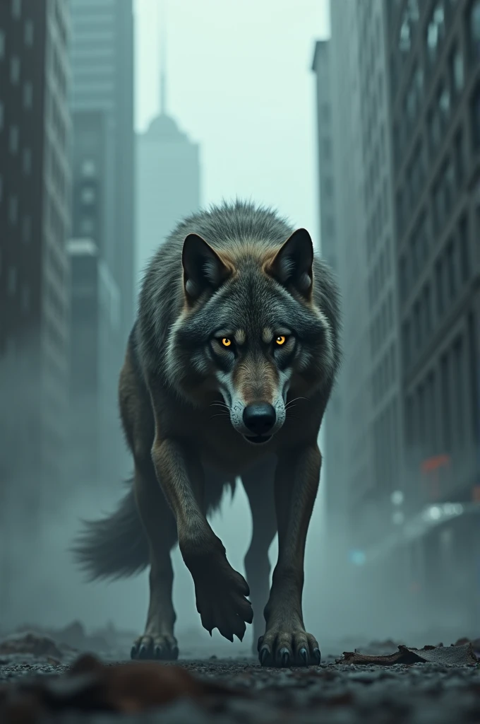 Wolf in dengerous look between skyscrapers and fogs and costume