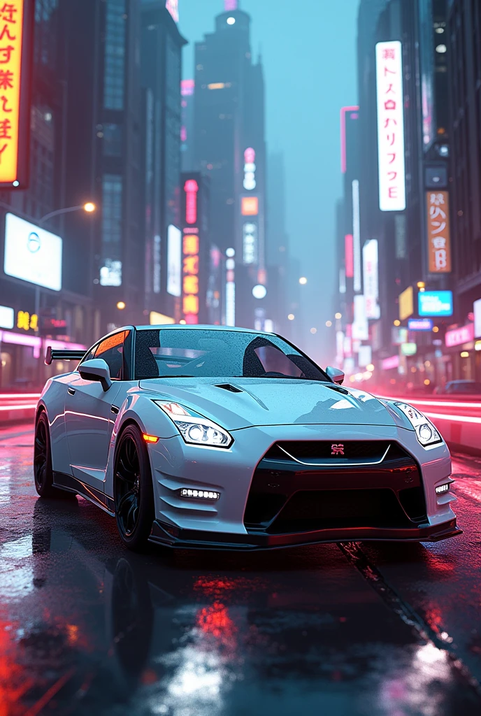Nissan GT-R in white clour in cyberpunk city behind the light ing city