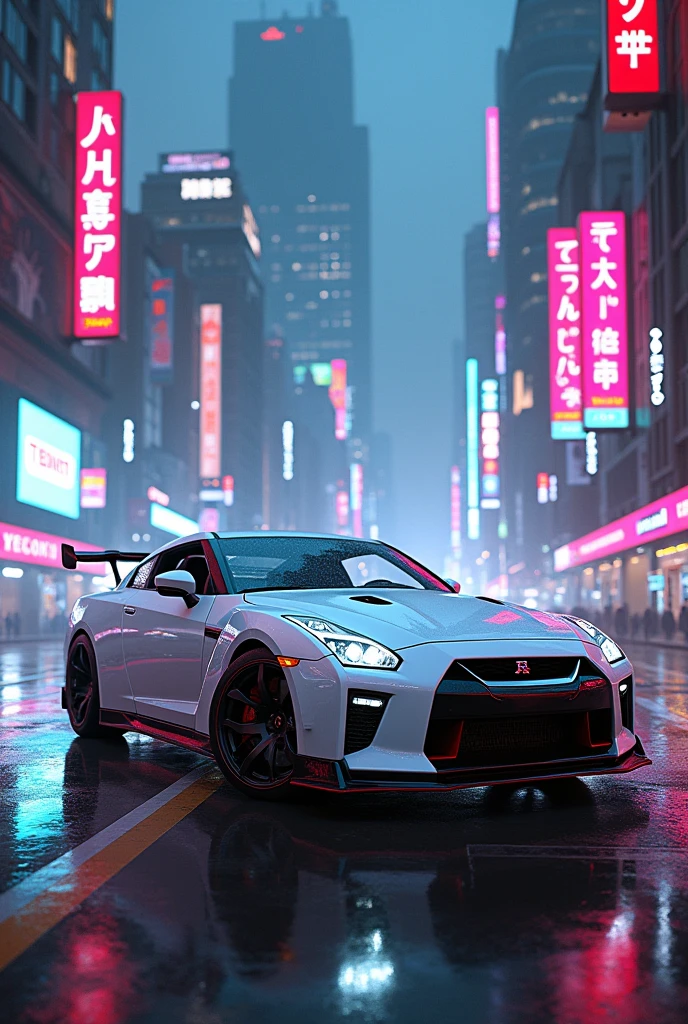 Nissan GT-R in white clour in cyberpunk city behind the light ing city