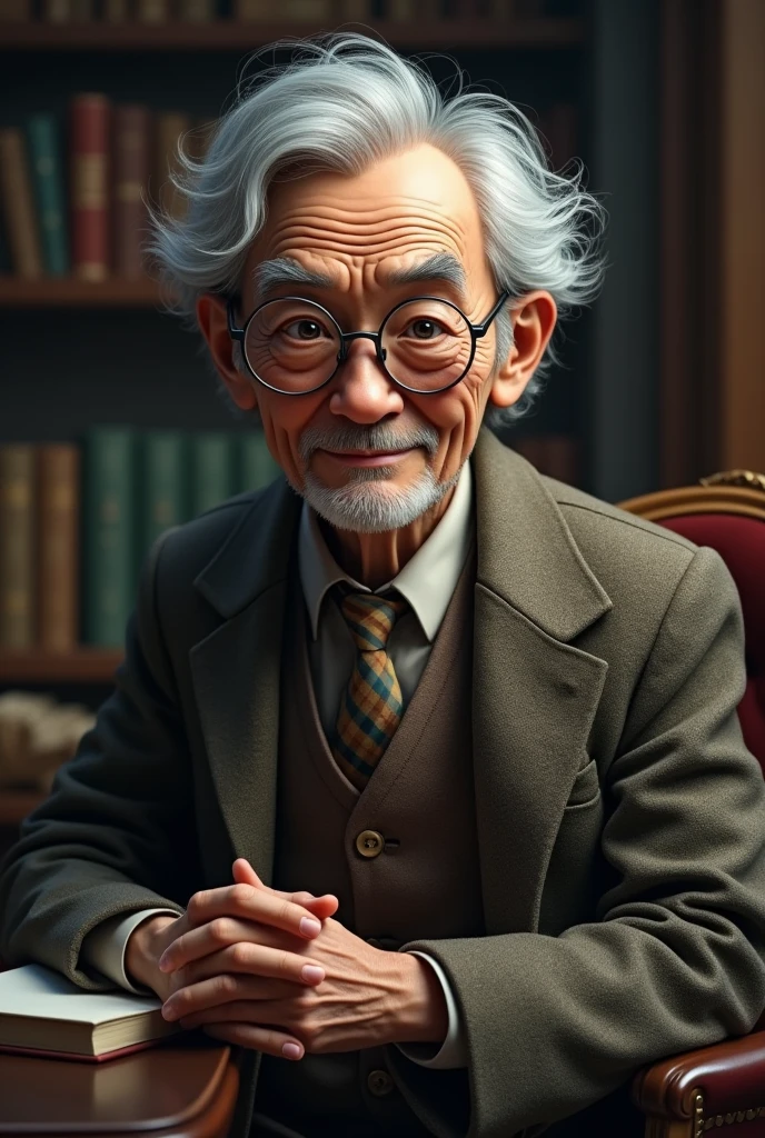 an elderly professor with a kind demeanor, sporting a pair of glasses that seem to reflect a deep, ancient wisdom. His eyes have a subtle, otherworldly glow, hinting at his true nature. He often wears scholarly attire, including a tweed and he is thai