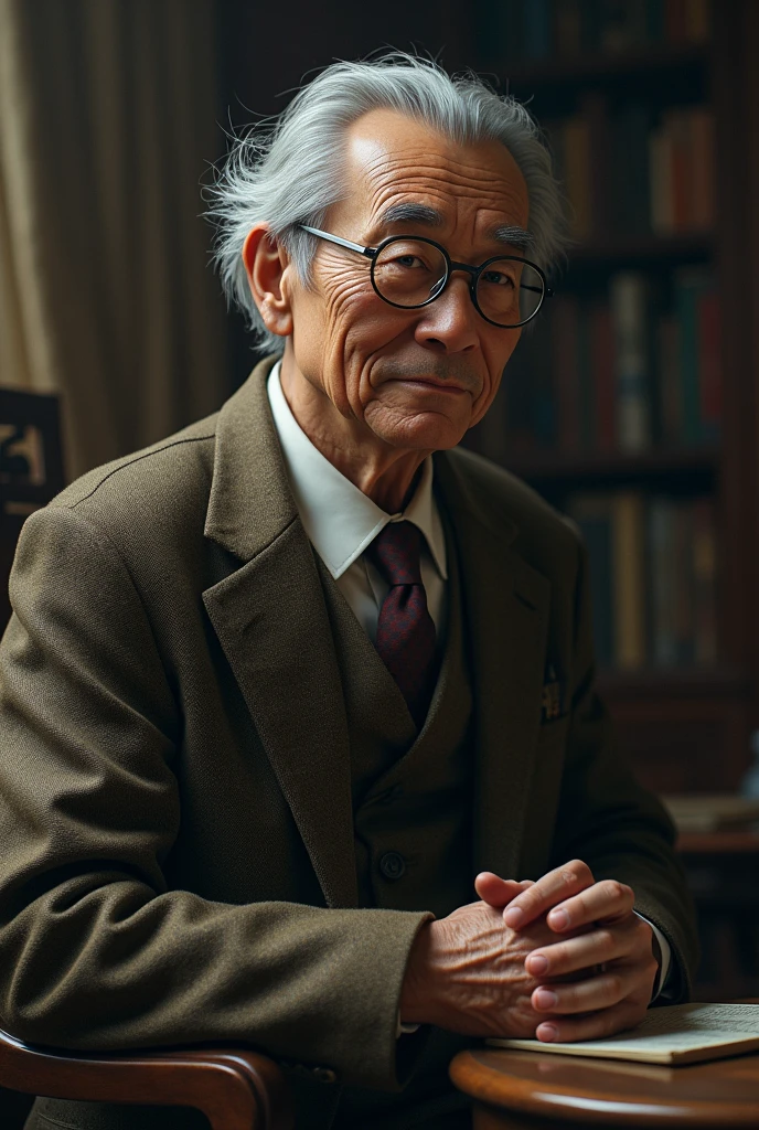 an elderly professor with a kind demeanor, sporting a pair of glasses that seem to reflect a deep, ancient wisdom. His eyes have a subtle, otherworldly glow, hinting at his true nature. He often wears scholarly attire, including a tweed and he is thai