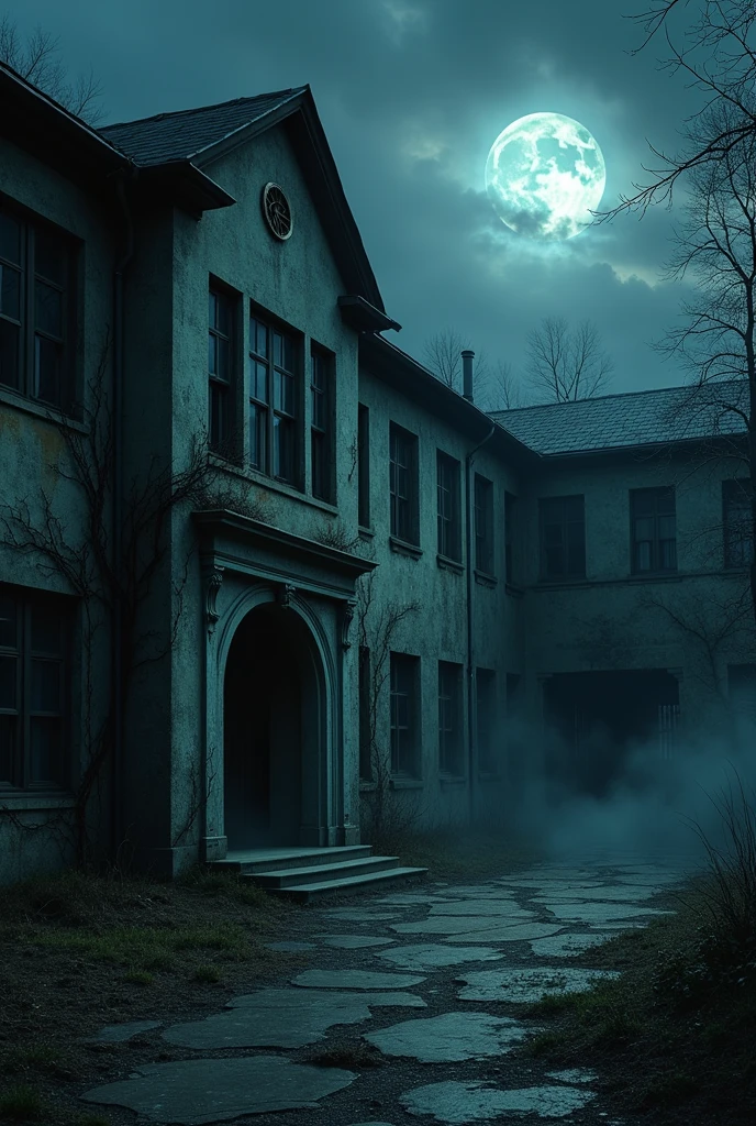 A large, decaying school building under a dark, cloudy sky with the full moon peeking through, casting eerie shadows across the cracked windows and overgrown courtyard. The entrance to the school is barely visible in the darkness, with twisted vines crawling up the walls. The air is heavy with fog, and distant faint whispers add to the terrifying atmosphere. This realistic, suspenseful scene should make the viewer feel the presence of something sinister lurking within the building.