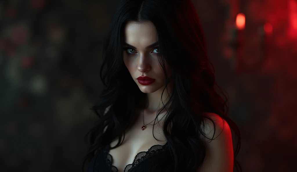 a dark and brooding woman, long dark hair, pale skin, intense eyes, ruby red lips, black lace dress, seductive pose, dramatic lighting, gothic atmosphere, moody colors, dramatic chiaroscuro, highly detailed, photorealistic, 8k, cinematic quality