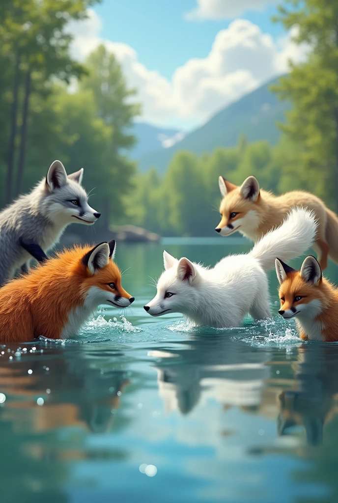 1 white fox learning to dive, lake background, playing with other different foxes, laughing and joking