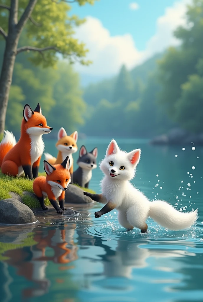 1 white fox learning to dive, lake background, playing with other different foxes, laughing and joking