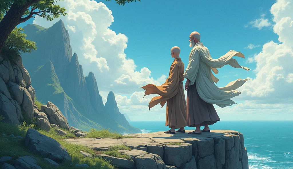 Bald old monk sensei master, young bald desciple, cliff, wind hold fiercely, in anime style, standing,