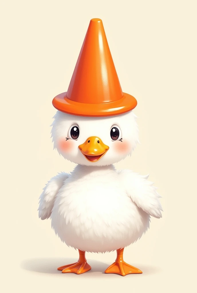 Kawaii white duck with an orange pylon on the head like a hat