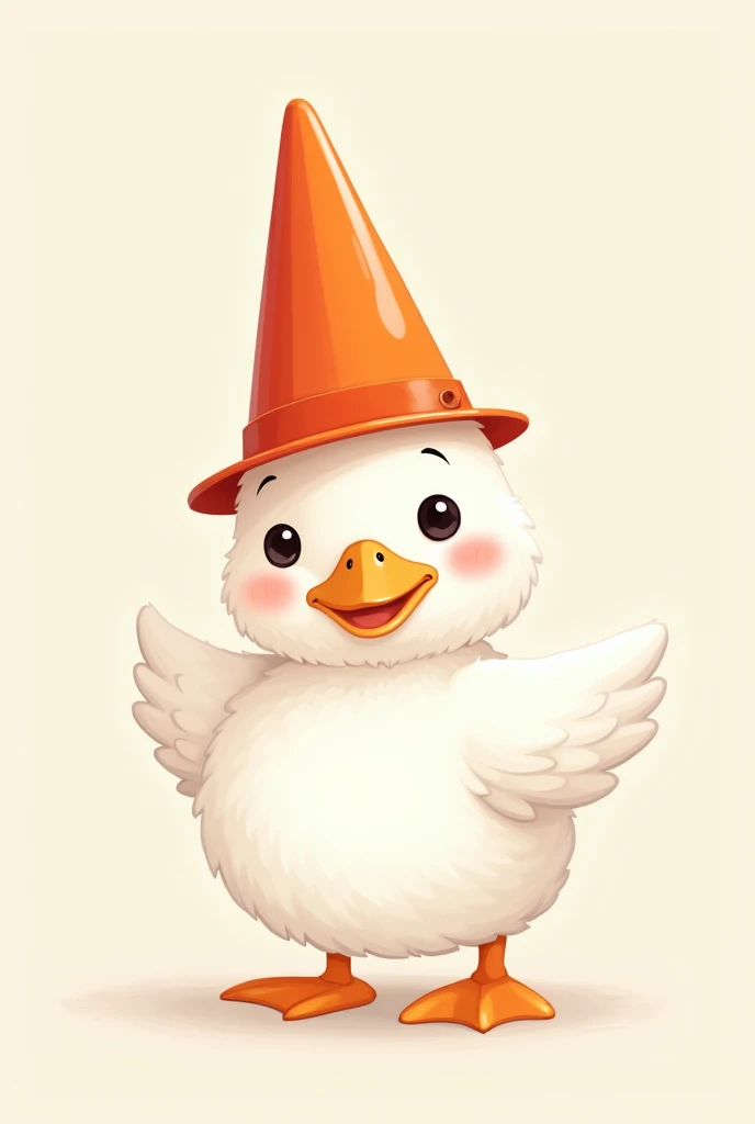 Kawaii white duck with an orange pylon on the head like a hat