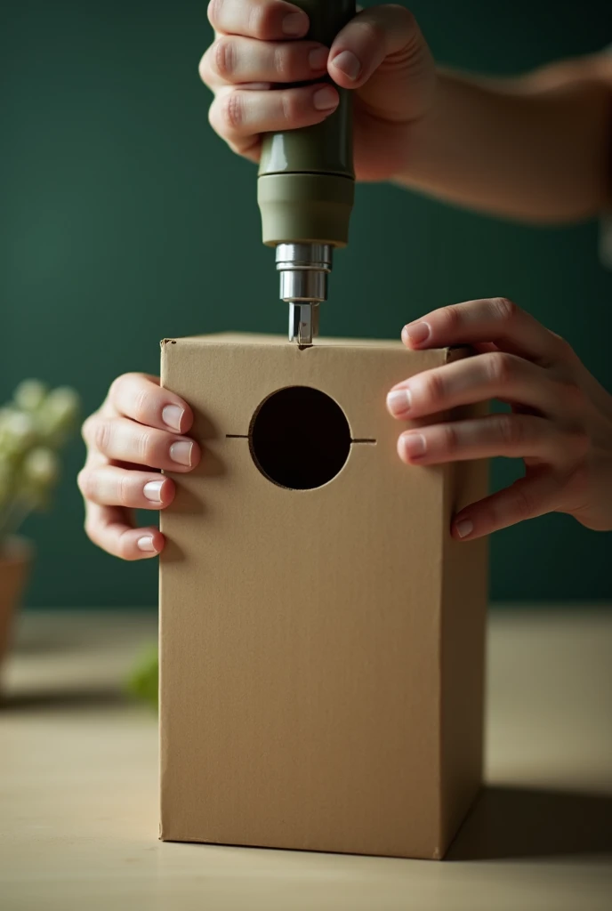 cutting with a cutter a perfect circular hole ONLY ONE SIDE/ONE SIDE of the cardboard box (upright position, You only see the hands doing the work, All this is done on a table and with a subtly green aesthetic filter.. THAT DOES NOT HAVE ANOTHER HOLE ELSEWHERE, ONLY ONE SIDE WITH A HOLE AND IT IS ON THE TOP SIDE OF THE BOX