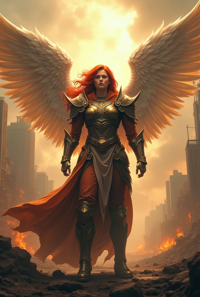 a heavenly angel with wings and red hair, in war clothes against the backdrop of an apocalyptic scene 
