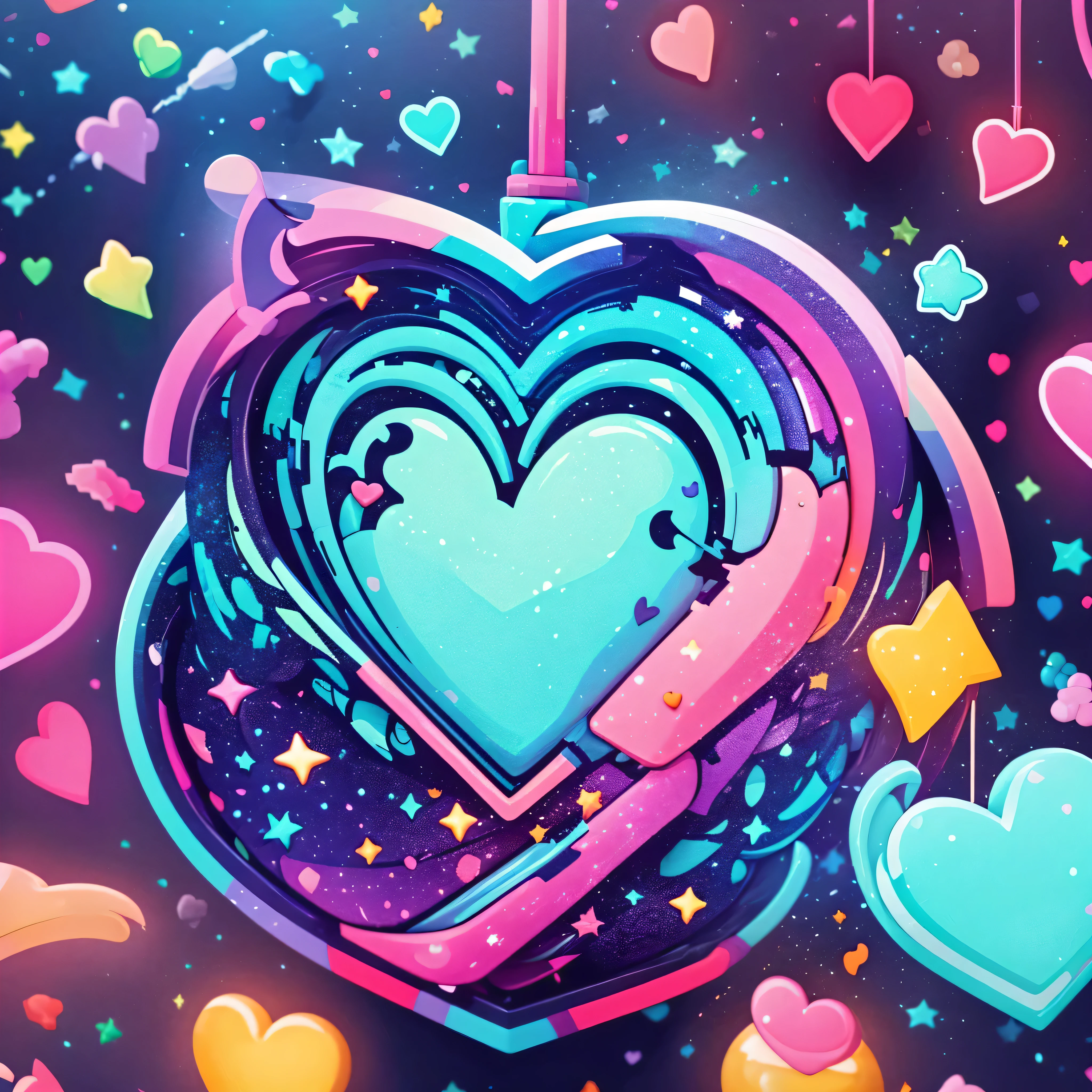 A sticker design showcasing a pixel art heart in a bright, neon color, surrounded by smaller pixel stars. The heart has a glowing effect, and the background is a mix of pastel and neon colors with a subtle glitter overlay.