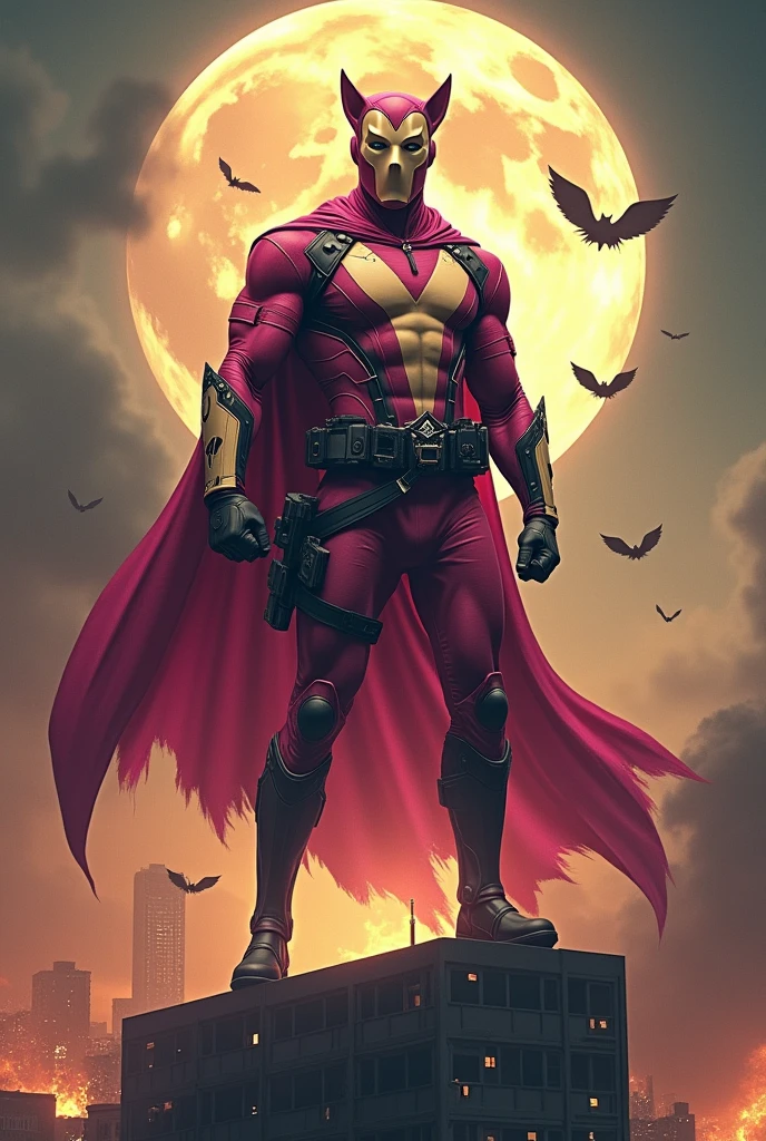 Malaysia man in high-tech suit, vivid effects, malaysian superhero (KELUANG MAN) in a striking pink and beige costume cyberpunk design, mask small mini bat ear beige, daredevil beige mask, jumpsuit dark pink stands confidently in a dramatic.jumping from high place.hero costume.one hand rise up. Big triangle logo on the chest. Punisher logo on the chest. Fighting pose , stormy landscape. ((Head covered node guard like batman. Running pose , athletic body type, small mini ear bat mask))The character wears domino mask a helmet with pointed mini torn ears and a flowing cape biege, open nose and mouth. Equipped with visible futuristic weapons on a belt,bullet proof jacket pink dark day.show fingers pose, dark night, big supermoon effect . Small logo on chest triangle shape small punisher logo center triangle cyber logo center on chest pink logo mini logo . rocky. Building top.smoke ground , bomb effect background, losse pants, losses costume.adding to --ar 3:4 --style raw --stylize 500 --v 6.1. chaos. Lot of small flying bat. One leg on the high stone. Man . Real man age 40 year old. One hand holding belt.one hand holding gun