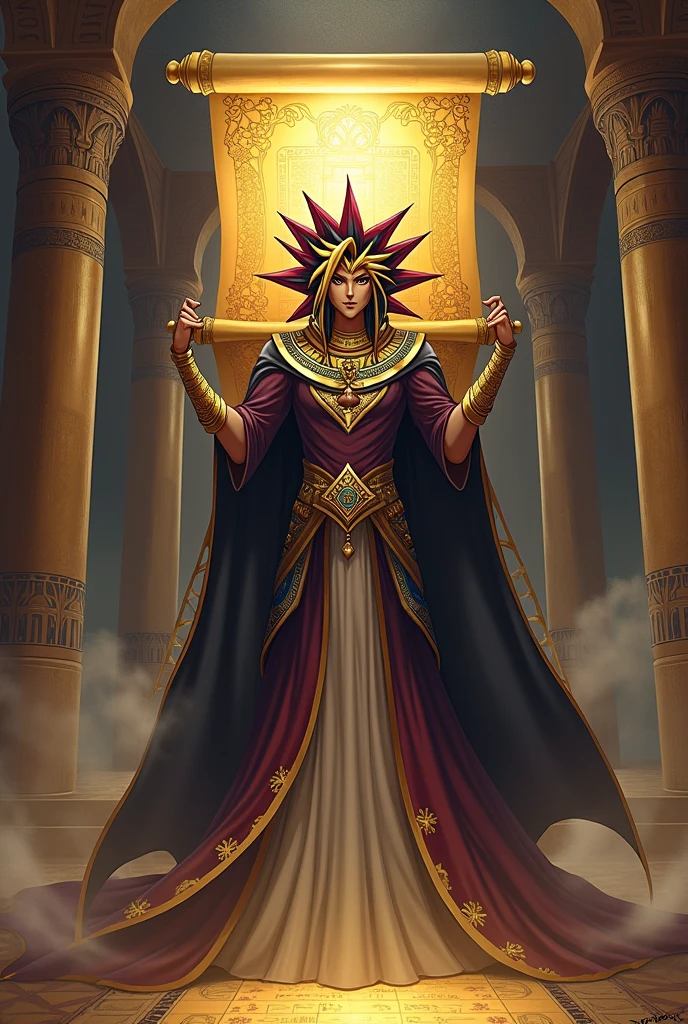 Yami Yugi dressed as a pharaoh holding up a long illuminated scroll showing a new path for games