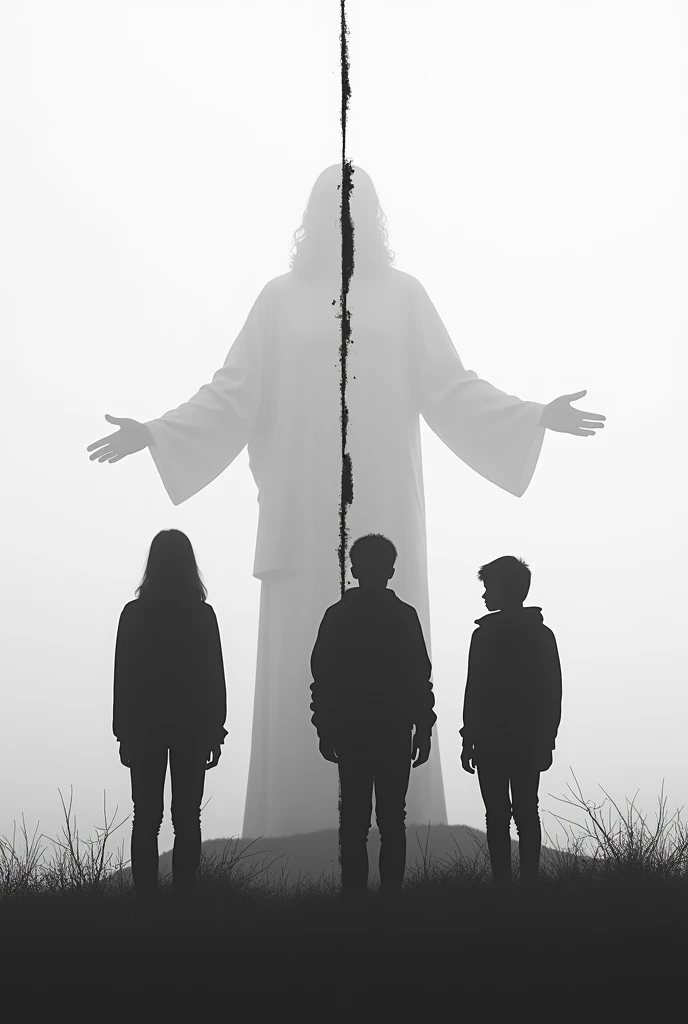 An image that represents the division that exists between young people and Jesus when they have not received his heart., where there is a line between them for separation. Something related to that. Let it be just the silhouette, the black line