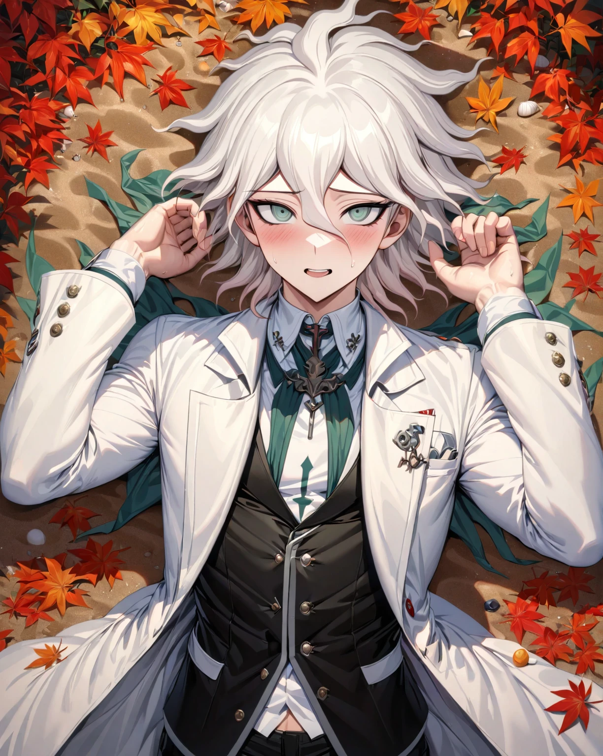 Ultra detailed, Highres, absurdres, HDR, master piece, Komaeda Nagito, white hair, short hair,expressive gray-green eyes, Danganronpa, sexy man, solo, white jacket, black vest, black pants, white shirt, glittering, sensual, fantasy, manly man, horny, beach, sea, sand, orange leaves, handsome, red leaves, lying down