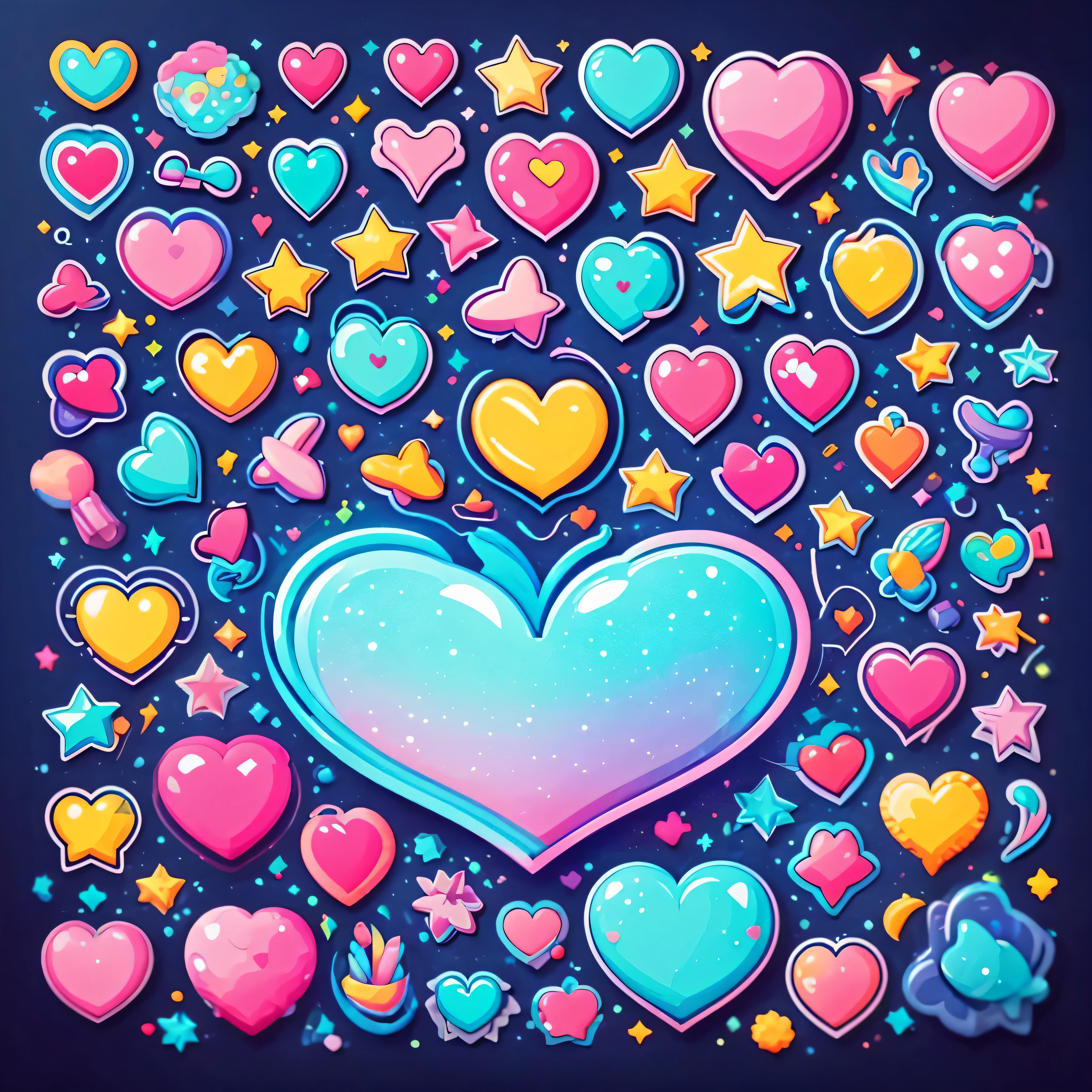 A sticker design showcasing a pixel art heart in a bright, neon color, surrounded by smaller pixel stars. The heart has a glowing effect, and the background is a mix of pastel and neon colors with a subtle glitter overlay.