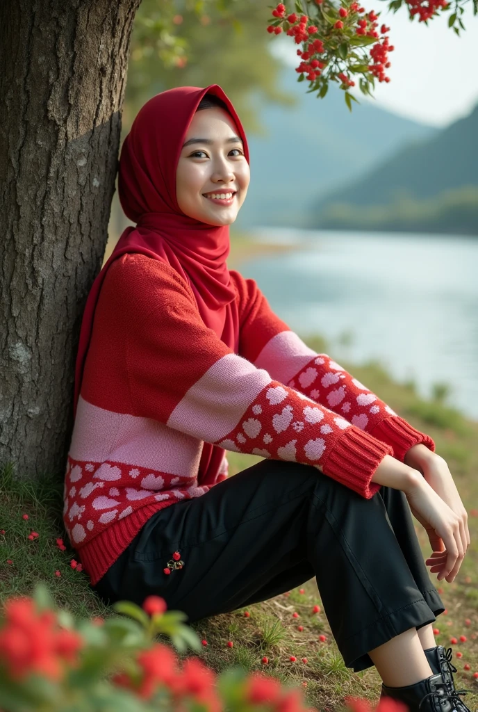 Beautiful Korean girl with white skin. Well-groomed face, sweet smile, sitting leaning under a shady tree trunk, surrounded by small red flowers, there are realistic red ants, smiling slightly, red hijab with a combination of pink, red knitted hoodie with a combination of pink motifs decorated with cherry motifs, black cropped trousers with lots of pockets, background wide rivers and mountains and trees, original and realistic photos