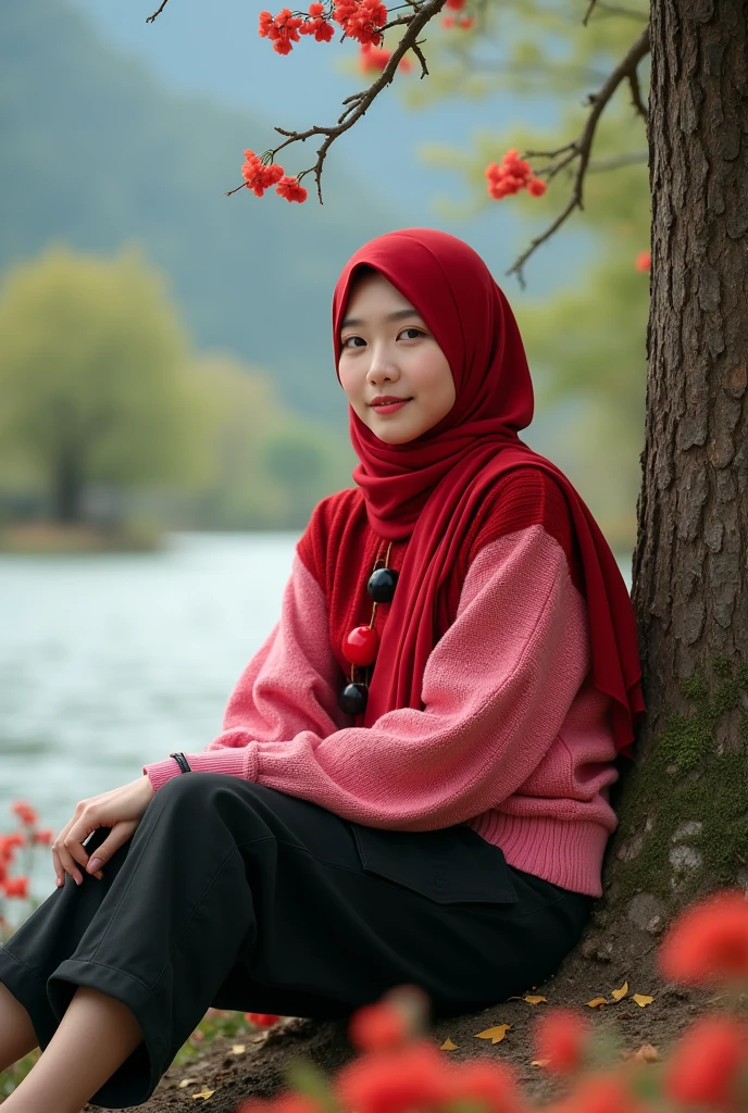 Beautiful Korean girl with white skin. Well-groomed face, sweet smile, sitting leaning under a shady tree trunk, surrounded by small red flowers, there are realistic red ants, smiling slightly, red hijab with a combination of pink, red knitted hoodie with a combination of pink motifs decorated with cherry motifs, black cropped trousers with lots of pockets, background wide rivers and mountains and trees, original and realistic photos