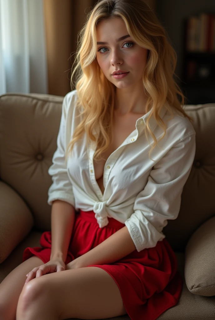 Very young girl with pale skin (Ukraine), thin ((very skinny)), ((beautiful)) and beautiful face, whore face, blonde (yellow) hair, very big ((huge and round)), very small waist ((skinny)), very big tail, dressed in a ((red)) skirt and unbuttoned shirt sitting on the couch, having sexual relations with a man Show Bobs and Pussy Full Show Pussy pussy fucking, bobs, open pussy and bobs, open all body part, big bobs, cute face, so hoty perpact pussy