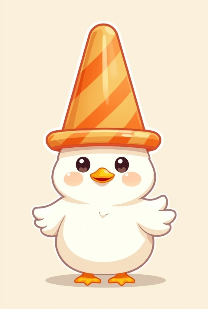 Sticker Kawaii white duck with an orange pylon on the head like a hat