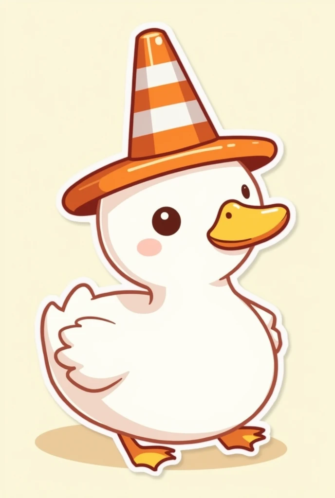 Sticker Kawaii white duck with an orange pylon on the head like a hat