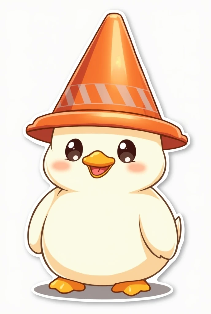 Sticker Kawaii white duck with an orange pylon on the head like a hat