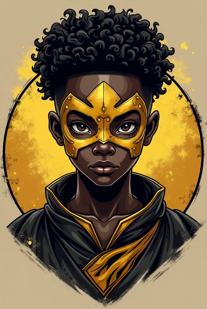 Create me a logo of a black-skinned boy with curly hair and a gold-colored hunter mask with a black and gold shirt that is from the war