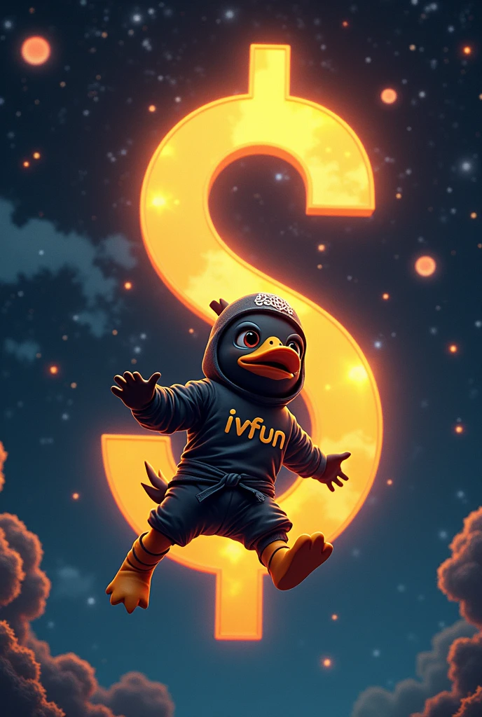 "Visualize a teenage ninja duck gliding through the vastness of space. The duck is clad in a sleek, dark ninja outfit that contrasts sharply with its vibrant IVFun logo t-shirt. Its outfit includes a fitted mask and a stylish headband adorned with a distinctive emblem, highlighting its youthful energy. The backdrop of space is richly detailed: a deep, velvety black sky filled with twinkling stars, swirling nebulae, and distant, colorful planets. The duck’s face is an expressive mix of disbelief and exhilaration, with eyes wide and beak agape. It’s fixated on a colossal, radiant dollar sign that floats before it, symbolizing an extraordinary surge in profits. The scene captures the blend of youthful wonder and the thrill of unexpected financial success, enhanced by the vivid, immersive details of the cosmic environment." 8K