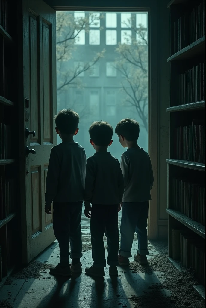 "Inside a dusty, dimly-lit library located on the top floor of an abandoned school. The light flickers, casting long shadows over the cobweb-covered bookshelves and creaky wooden floors. A group of scared boys stand just inside the creaking doorway, their faces pale with fear. The air feels cold, almost suffocating, and faint, ghostly whispers seem to echo from the dark corners of the room. The image should capture a deep sense of dread, as if something is watching them from the shadows.
