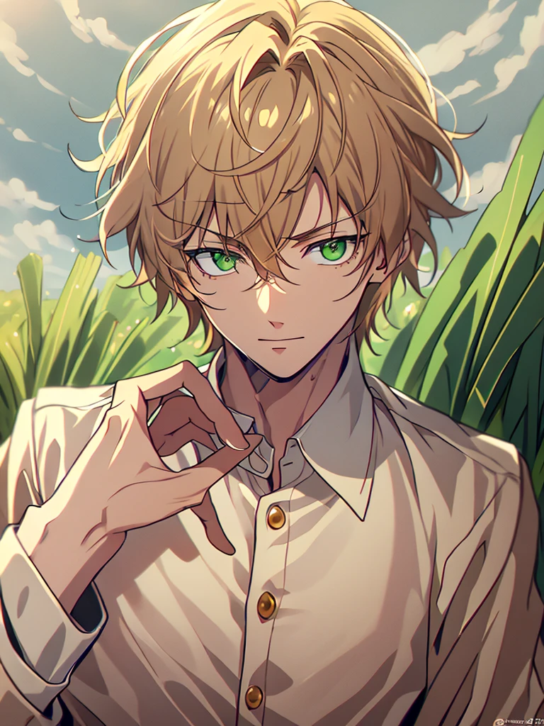 ((Highest quality)), ((masterpiece)), (detailed)、A young man with light brown hair and green eyes、The background is a wheat field、Untrimmed hair、good looking、Androgynous male、Close-up of face、Short Hair