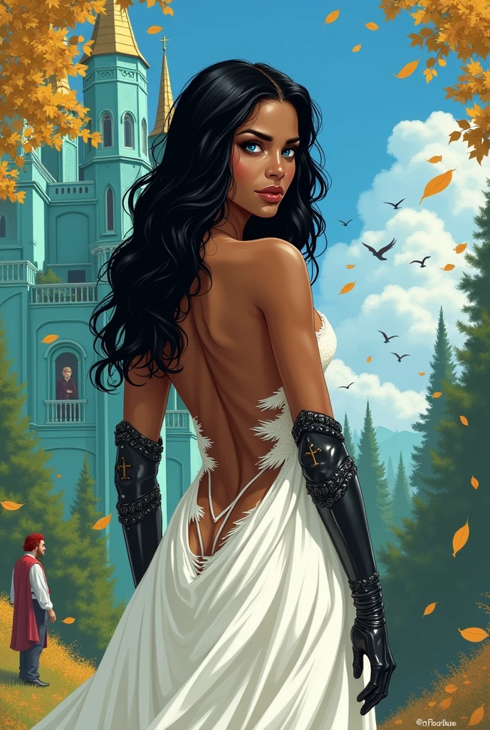 Caramel-skinned princess with long black hair and vibrant blue eyes. your hands are wearing a pair of iron gloves that cover your fingers. She is wearing a white wedding dress that is ripped and shows her back with a vertical tear.. She is looking at a turquoise palace and is scared. There are many people looking at her with disgust. There are birds in the sky and a green forest behind the palace. Golden leaves fall from the blue sky. There are black and gold veins popping out from her bare back. From the palace window a red-haired king watches her. Realistic illustration like fairy tales.