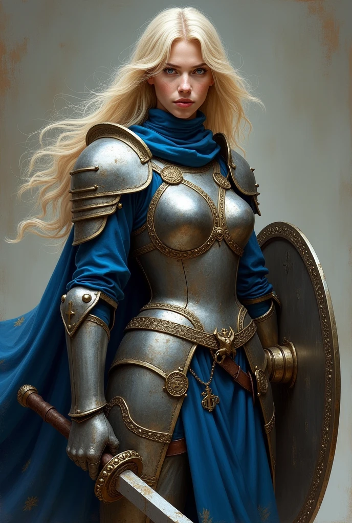 female, blonde, wielding mace and shield, wearing armor with blue cloth, cleric, portrait, light from top