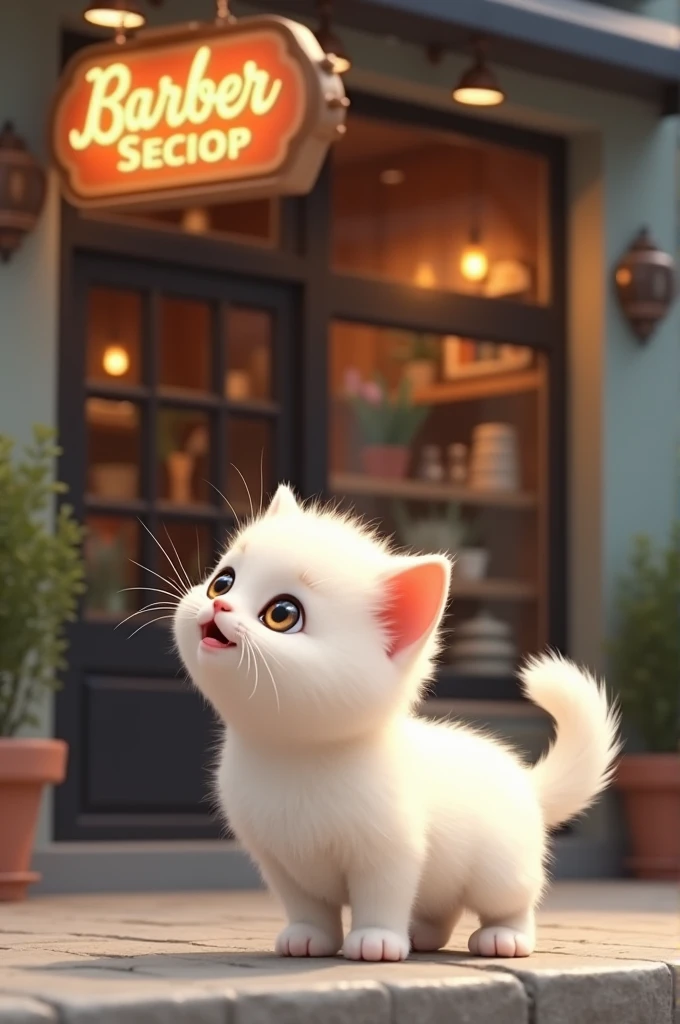 A fluffy white kitten standing excitedly outside a trendy barber shop, looking up at the sign with its tiny tail wagging.