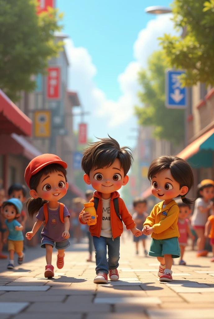 Children practicing responsibility on the street in a funny way Pixar