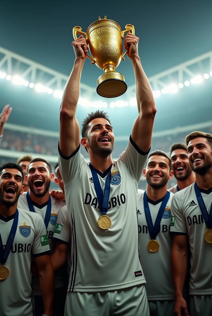 Generates a 30-year-old Danubio Football Club player and team captain, The team celebrating and the captain above them with the Copa Libertadores trophy
