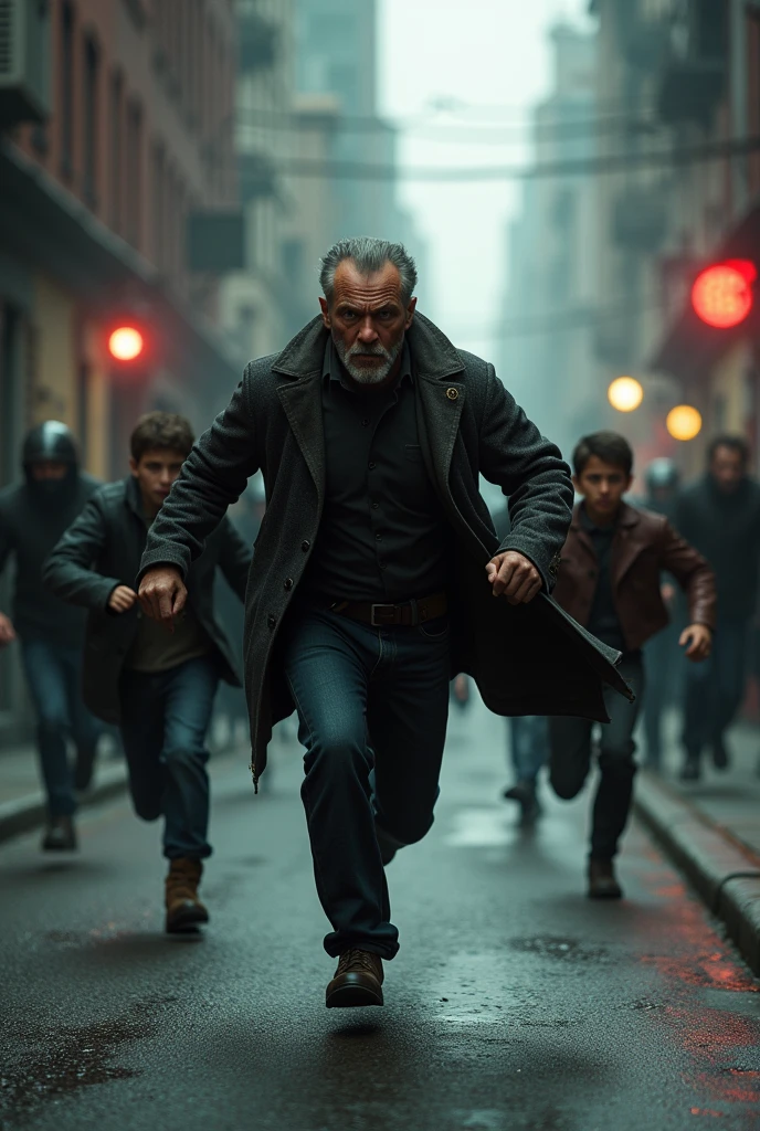 Father and two sons are thief they are runnig because other people chase them with police