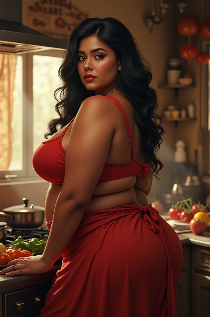 Big ass and big boobs Desi lady hot and curvy working in kitchen